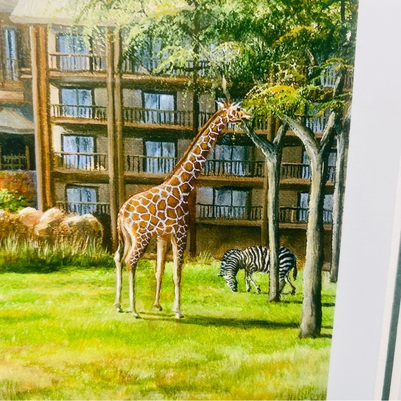 Disney's Animal Kingdom Lodge by artist Larry Dotson Wood Frame Giraffe - Picture 2 of 9